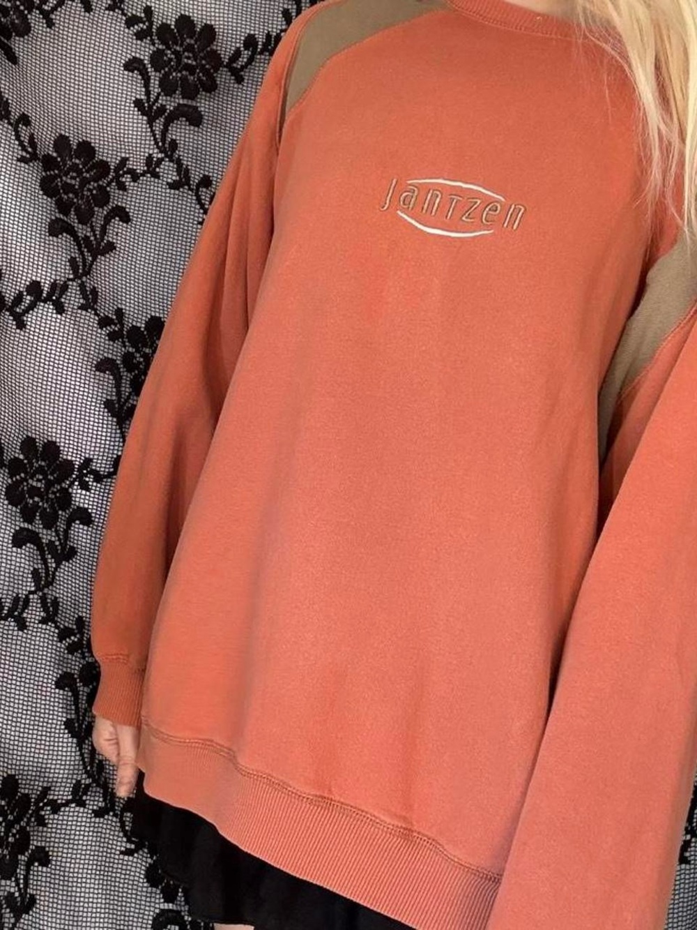 Jantzen Rust Crewneck Sweater with Tan Shoulder Panels